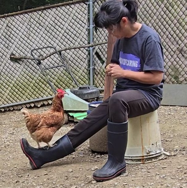 Annie training a chicken